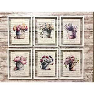 Vintage Flower Bucket Sheet Music 8x10 Wall Collage Picture Prints, Set of 6